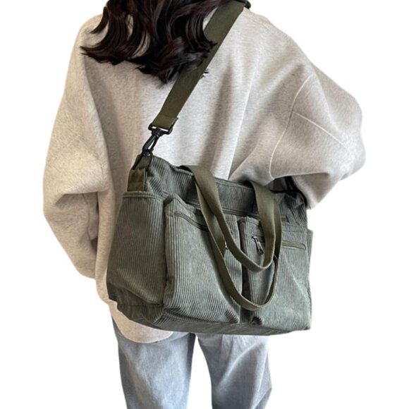Green Corduroy Satchel Bag for Women, Large Capacity Multi-Pocket Tote Handbag w - Picture 6 of 9